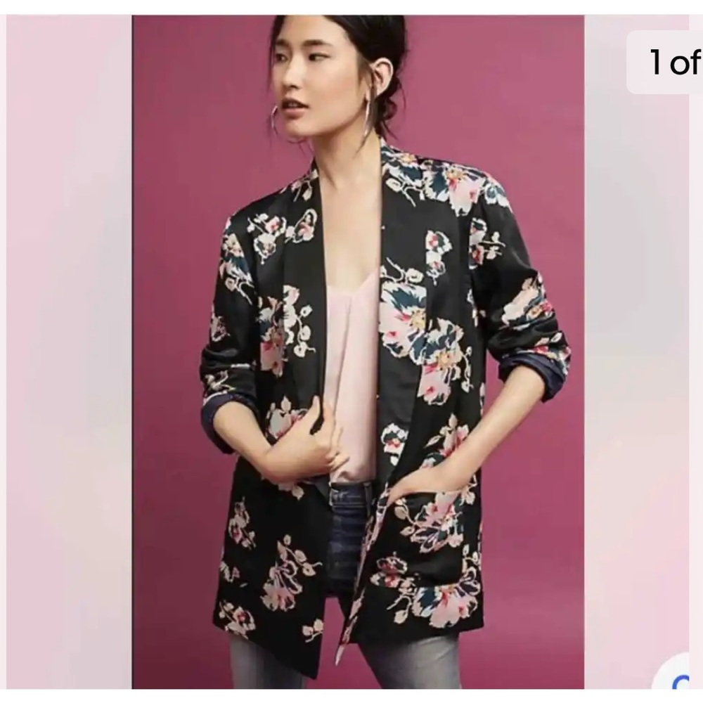 Anthropologie Ett:Twa Black & Pink Floral Tatie Satin Open Blazer Jacket S - Picture 10 of 10